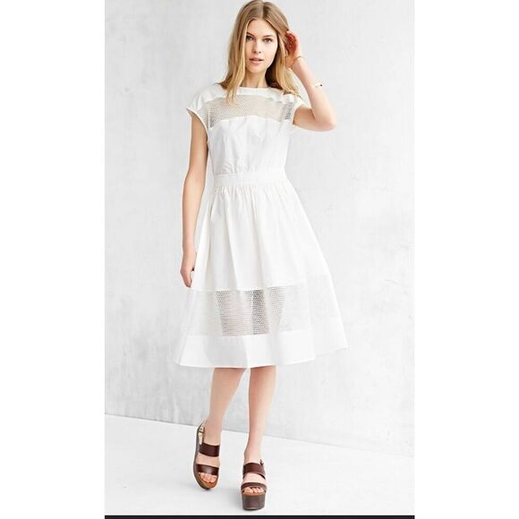 White Fit and Flare Midi Dress Urban Outfitters Eyelet Mesh Casual - Picture 1 of 10